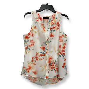 Sanctuary Womens Blouse White Multicolor Floral Sleeveless Notch Neck High Low L